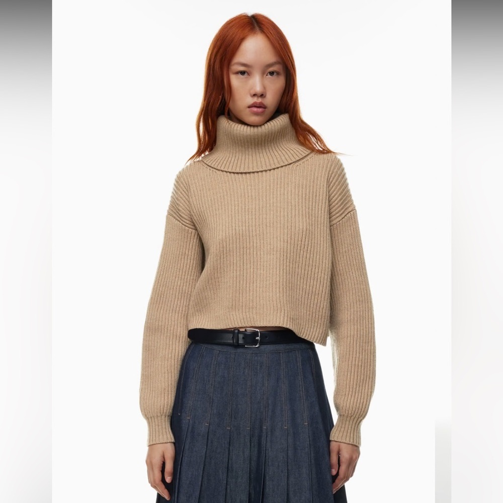 Aritzia Babaton GUELL Sweater 100% Merino Wool Soft Cropped Tan size Small